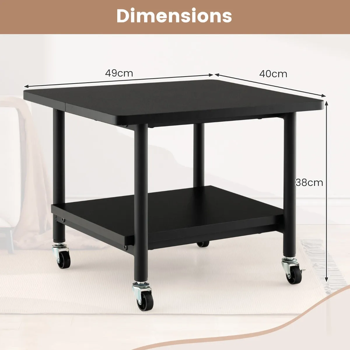 2 Tier Wooden Printer Stand with 360° Swivel Casters-Black
