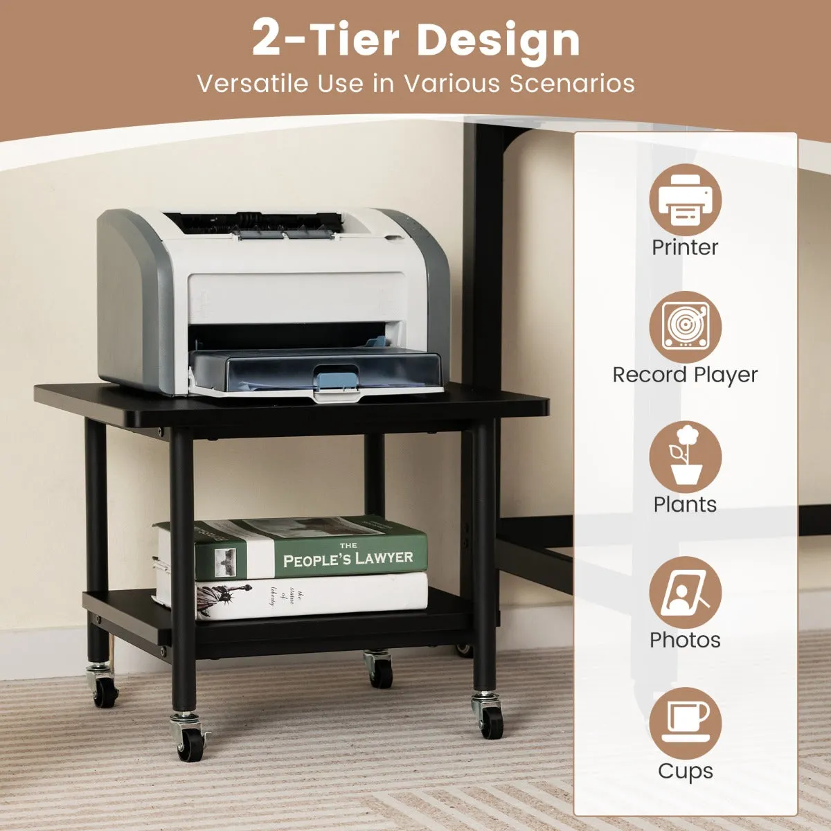 2 Tier Wooden Printer Stand with 360° Swivel Casters-Black