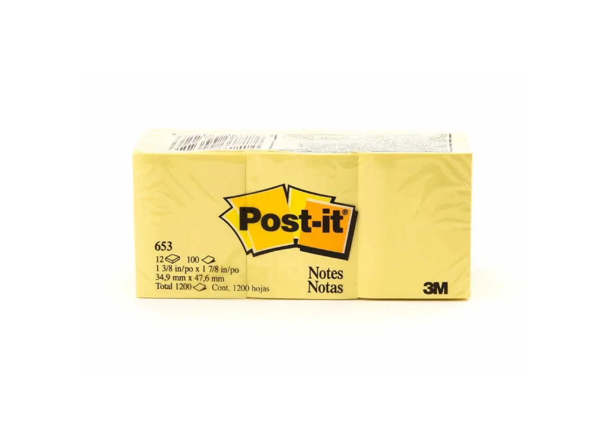 3M Post-It Notes Canary Yellow 653 1.5inx2in 12pads/pack