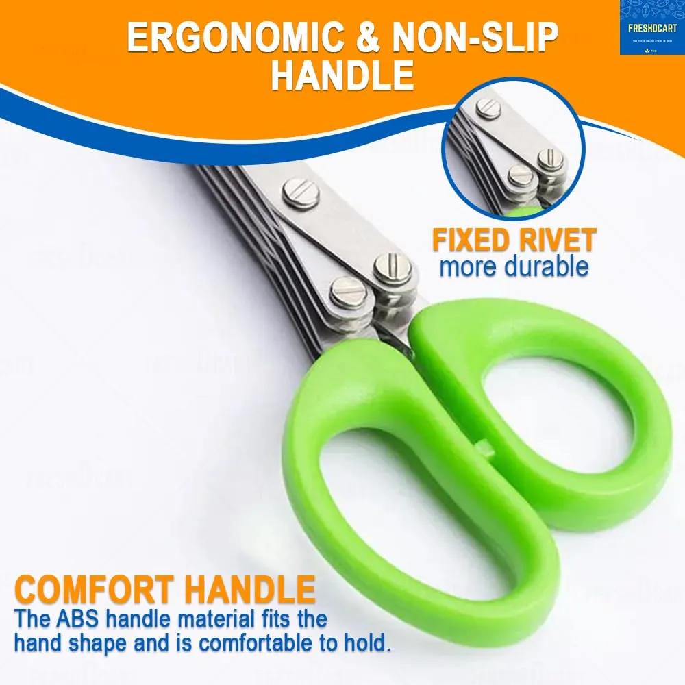FreshDcart FDCA695 Multipurpose Kitchen Shredding Scissors chilli cutter Vegetable Cutter with 5 Layer Blade Safety for Cutting Green Onion, Herbs, Spices, Vegetable & Paper (Multicolor,Pack of 1)