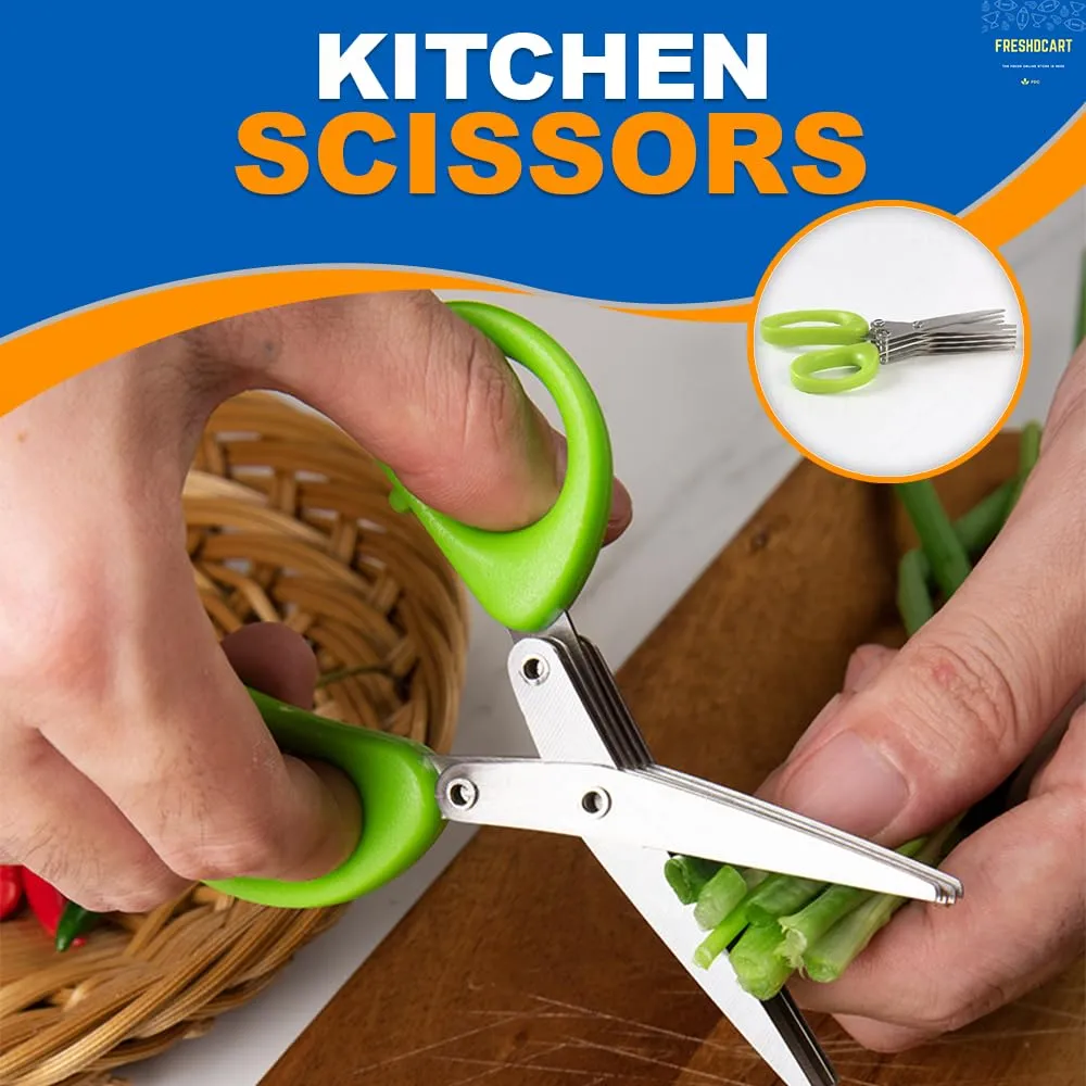 FreshDcart FDCA695 Multipurpose Kitchen Shredding Scissors chilli cutter Vegetable Cutter with 5 Layer Blade Safety for Cutting Green Onion, Herbs, Spices, Vegetable & Paper (Multicolor,Pack of 1)