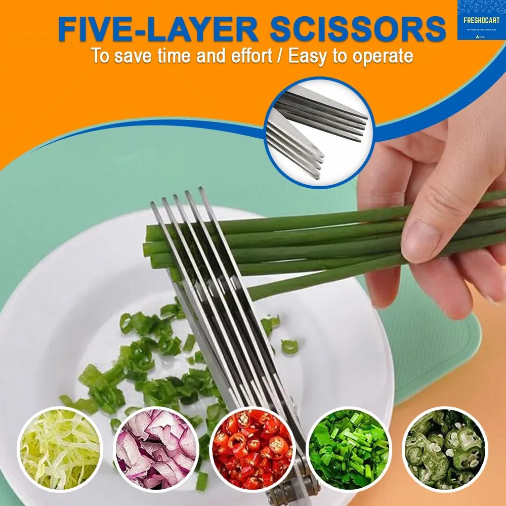 FreshDcart FDCA695 Multipurpose Kitchen Shredding Scissors chilli cutter Vegetable Cutter with 5 Layer Blade Safety for Cutting Green Onion, Herbs, Spices, Vegetable & Paper (Multicolor,Pack of 1)